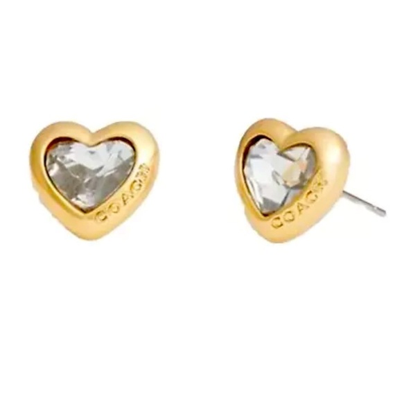COACH Logo Crystal Heart Stud Gold-Tone Earrings with Signature Pouch NEW - Picture 4 of 5
